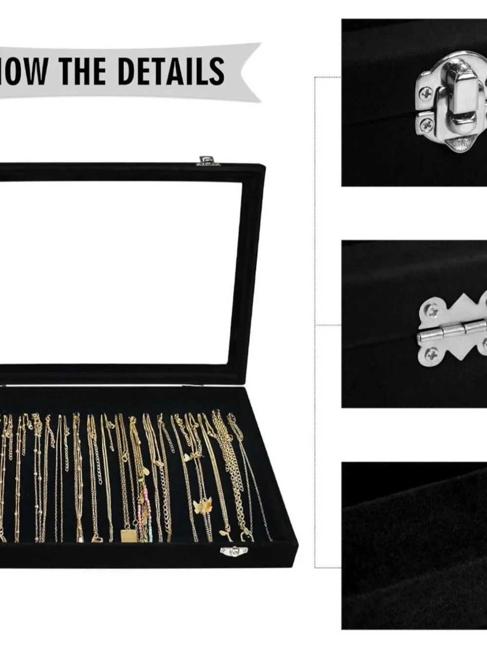 Elegant Black Velvet Necklace Organizer with 20 Hooks and Glass Cover